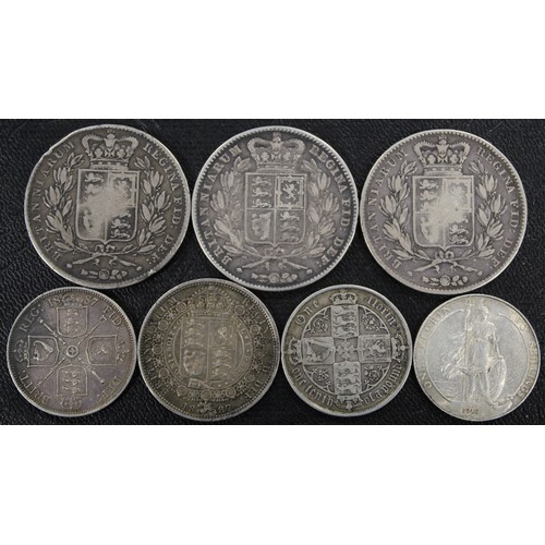 333 - Pre-1920 silver assortment (7), comprising 1844 crown (star stops), 1844 crown (cinquefoil stop), 18... 