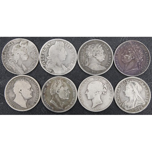 329 - Halfcrowns (8) all pre-1920, comprising 1696, 1701, 1817 bull head, 1823, 1834, 1836, 1845 & 190... 