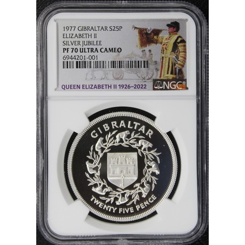 289 - Gibraltar, NGC PF70 Ultra Cameo 1977 Silver proof crown, Elizabeth II. Struck to commemorate the sil... 