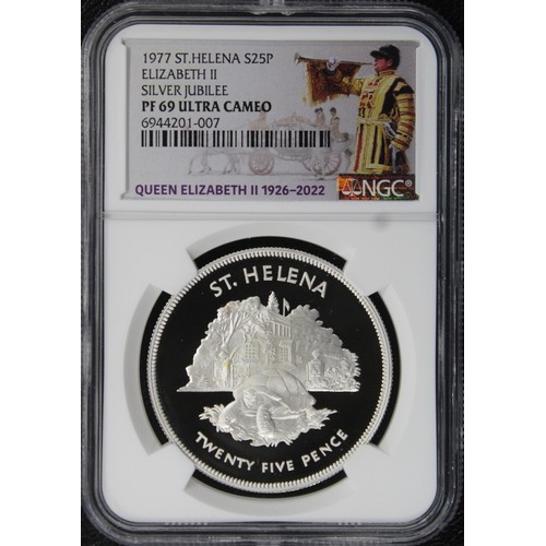 295 - St. Helena, Joint Finest NGC PF69 Ultra Cameo 1977 Silver proof crown, Elizabeth II. Struck to comme... 