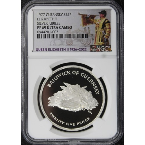 292 - Jersey, NGC PF67 Ultra Cameo 1977 Silver proof crown, Elizabeth II. Struck to commemorate the silver... 