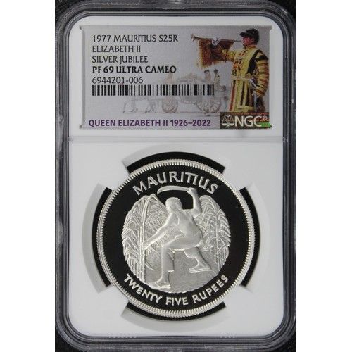 294 - Mauritius, Joint Finest NGC PF69 Ultra Cameo 1977 Silver proof 25 rupees, Elizabeth II. Struck to co... 