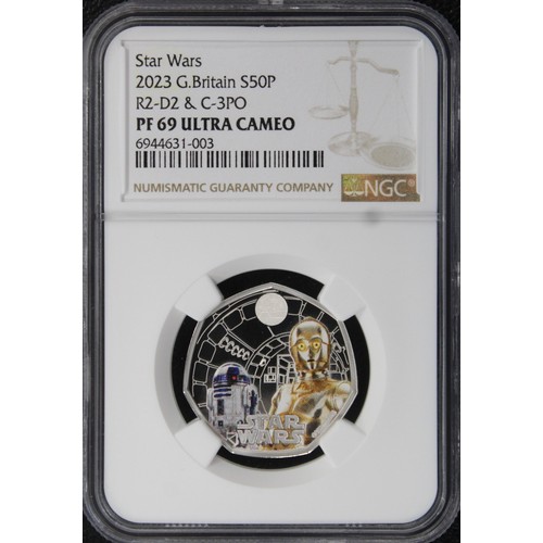 220 - NGC PF69 Ultra Cameo 2023 Silver proof 50p, Charles III. Part of the Star Wars series featuring R2-D... 