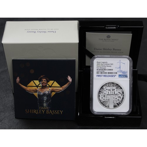 279 - NGC PF69 Ultra Cameo 2023 Dame Shirley Bassey 2oz silver proof £5, Charles III. Part of the Music Le... 