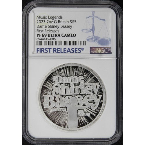 279 - NGC PF69 Ultra Cameo 2023 Dame Shirley Bassey 2oz silver proof £5, Charles III. Part of the Music Le... 