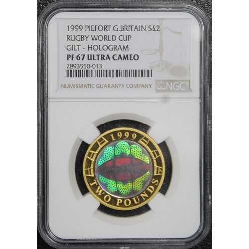 245 - NGC PF67 Ultra Cameo 1999 Silver proof piedfort £2, Elizabeth II. Struck with holographic finish to ... 