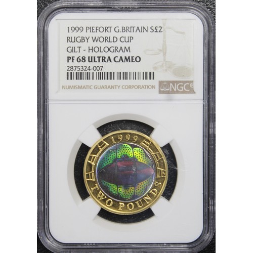 266 - NGC PF68 Ultra Cameo 1999 Silver proof piedfort £2, Elizabeth II. Struck with holographic finish to ... 