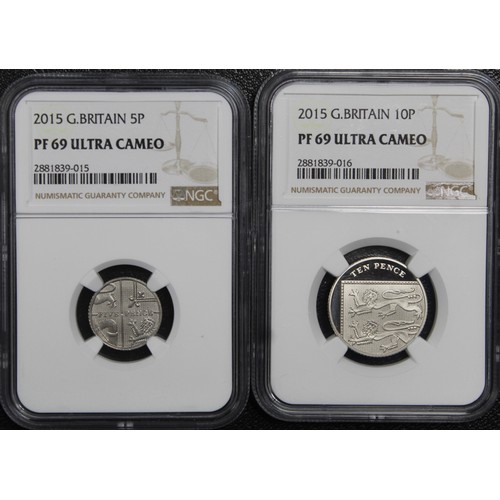 208 - Top Pop & Joint Finest NGC PF69 Ultra Cameo 2015 5p & 10p coins, Elizabeth II. Both coins fr... 