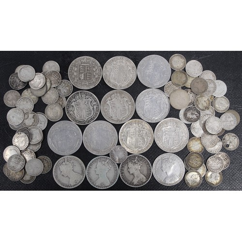 305 - A mixed assortment of pre-1920 silver coins comprising halfcrowns, florins, sixpence & threepenc... 