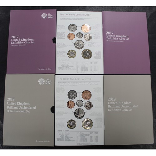 257 - 2017 & 2018 Brilliant uncirculated definitive coin sets each with 6-coins making up the Royal Sh... 