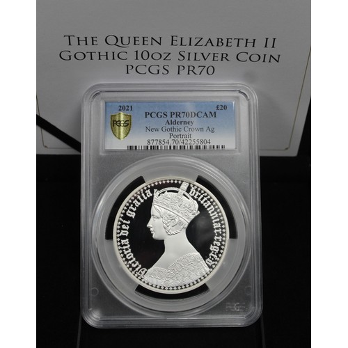 286 - Alderney, PCGS PR70DCAM 2021 Silver proof 10oz £20 coin featuring the Gothic Crown Portrait, the rev... 