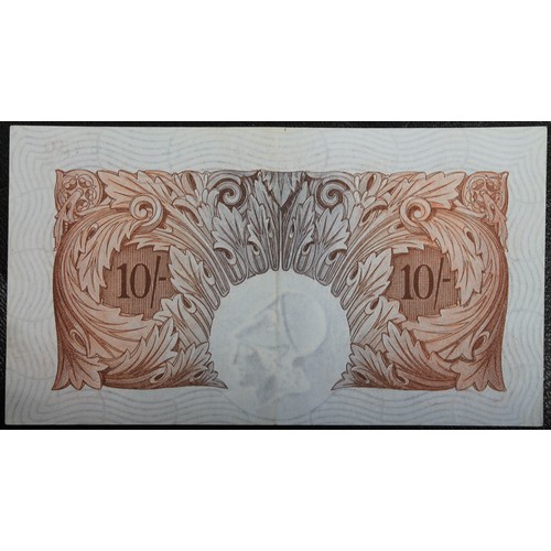 7 - Bank of England red/brown 10 shilling note, C.P. Mahon, B210. S/N X12 836450. Centre fold, light dis... 