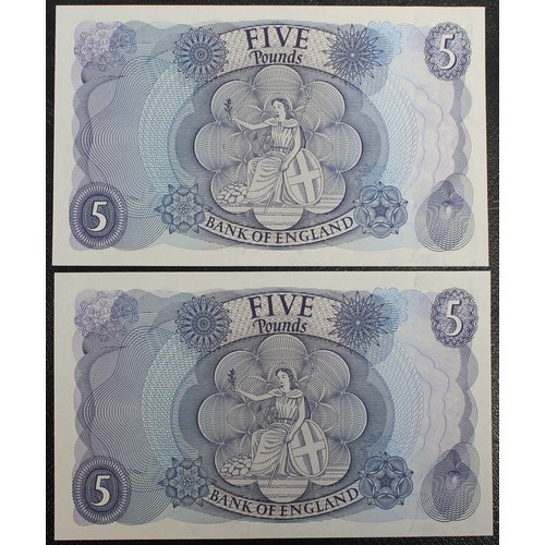 23 - Bank of England £5 notes (2, serial number pair), J.B. Page, B324. S/N 76D 073556 & 76D 073557. ... 