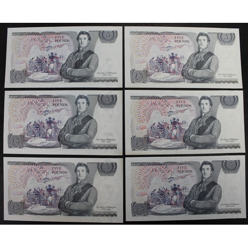 24 - Bank of England £5 notes (6, a trio of serial number pairs) comprising J.B. Page, B336, S/N CW04 675... 