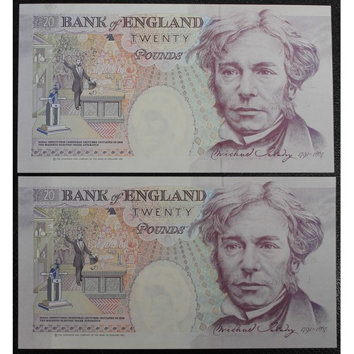 39 - Bank of England £20 notes (2, serial number pair), G.E.A. Kentfield, B371, S/N E54 519099 & E54 ... 