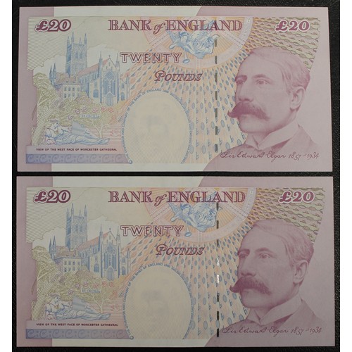 38 - Bank of England £20 notes (2, serial number pair), M.V. Lowther, B386, S/N AA64 906123 & AA64 90... 