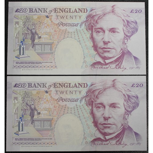 40 - Bank of England £20 notes (2, serial number pair), G.E.A. Kentfield, B375, S/N AA45 324831 & AA4... 