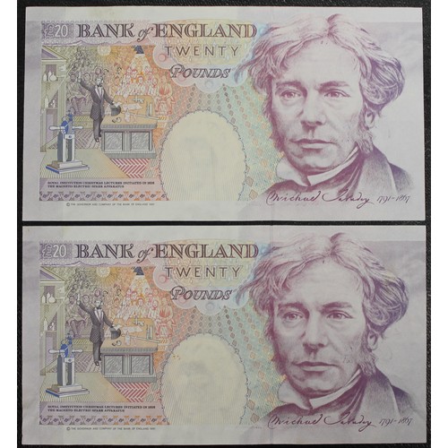 42 - Bank of England Error £20 notes (2, serial number pair), G.E.A. Kentfield, B371, S/N E14 038426 &... 