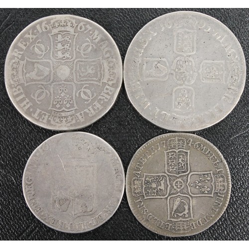 303 - Early milled silver coins (4) comprising 1667 crown, 1695 crown, 1689 half crown (caul frosted &... 