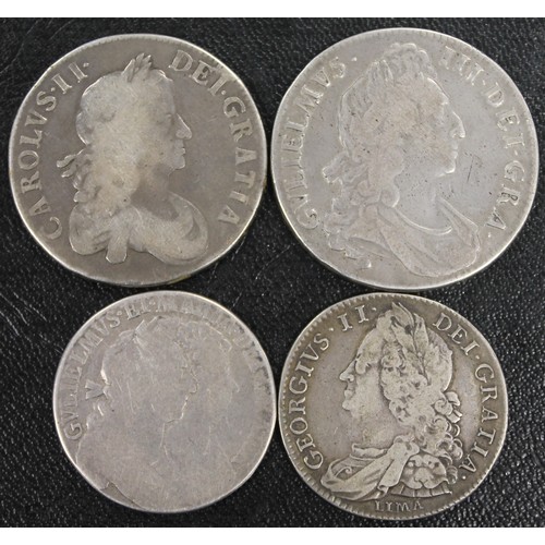 303 - Early milled silver coins (4) comprising 1667 crown, 1695 crown, 1689 half crown (caul frosted &... 