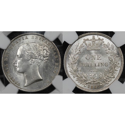 79 - 1857 Shilling, NGC MS64, Victoria. Obv. young head. All Victorian silver highly desirable in these h... 