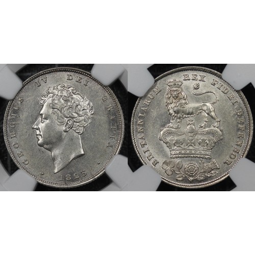 78 - 1825 Shilling, NGC MS62, George IV. Obv. bare bust, Rev. Lion standing on crown. An impressive examp... 