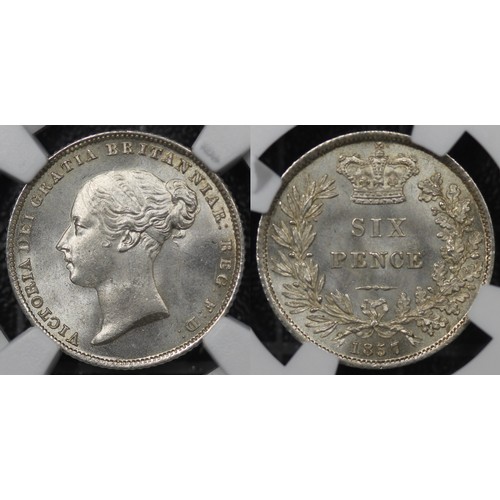 73 - Joint Finest 1857 Sixpence, NGC MS66, Victoria. Obv. first young head, Rev. crowned mark of value. A... 