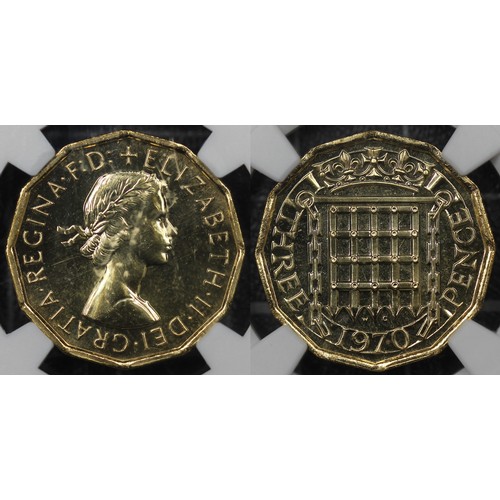 53 - NGC PF65 1970 Proof brass threepence, Elizabeth II. A proof only year struck to celebrate the end of... 