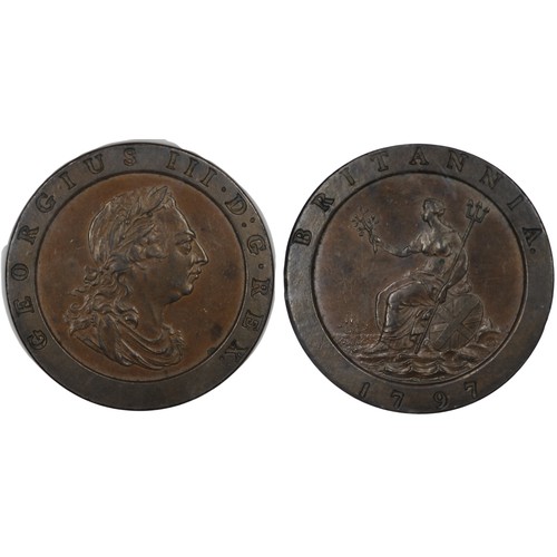 51 - 1797 Twopence, NGC AU58BN, George III. Attractively toned with light copper hues. The odd trivial su... 