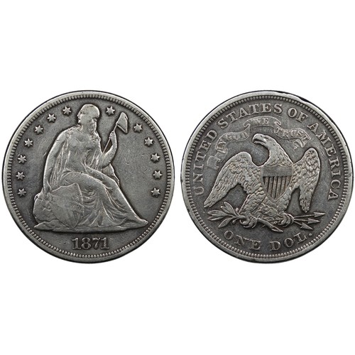 325 - USA, 1871 dollar, Obv. seated Liberty, 13 stars surround. Rev. Eagle with olive branch and arrows in... 