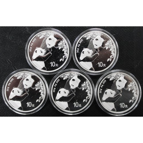 288 - China, 2023 silver 10 yuan Panda coins (5). All as capsules as issued, each 30g fine silver.