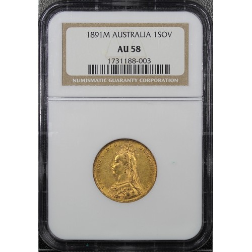 210 - Australia, 1891-M Sovereign, NGC AU58, Victoria jubilee head, reverse horse with long tail. Underlyi... 