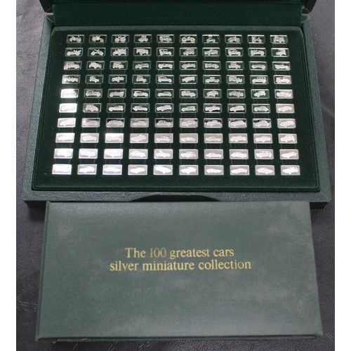 284 - The 100 Greatest Cars miniature silver collection by John Pinches. Each ingot weighing 1.6g and depi... 