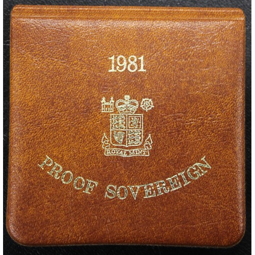 198 - 1981 Proof sovereign, Elizabeth II. Obverse portrait by Arnold Machin. Occasional trivial surface ma... 