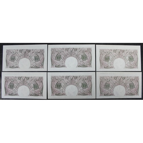 6 - Bank of England mauve emergency issue 10 shilling notes (6), K.O. Peppiatt, B251. First issue S/N U7... 