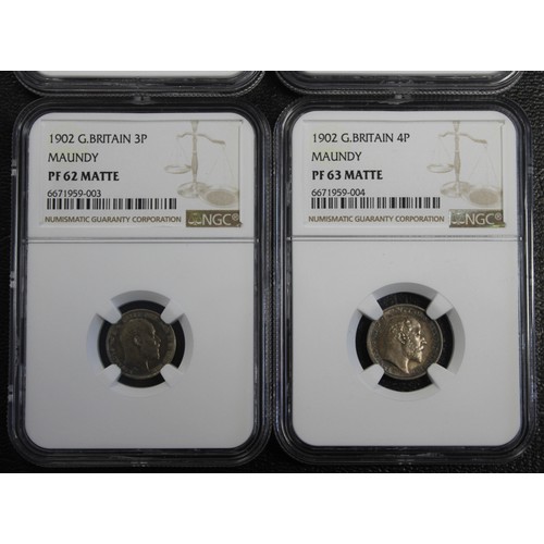 56 - 1902 Matte proof Maundy set, Edward VII. NGC graded PF64, PF64, PF62 & PF63 respectively from pe... 