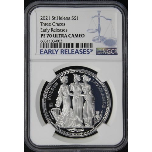 314 - St. Helena, NGC PF70 Ultra Cameo 2021 silver 1oz £1 featuring the Three Graces. An iconic reverse re... 