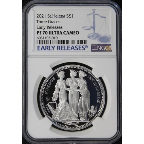 315 - St. Helena, NGC PF70 Ultra Cameo 2021 silver 1oz £1 featuring the Three Graces. An iconic reverse re... 