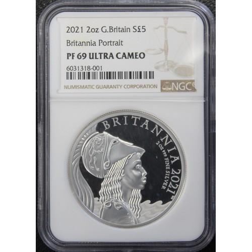 287 - NGC PF69 Ultra Cameo 2021 Silver Proof 2oz Britannia £5, Elizabeth II. Reverse design featuring helm... 