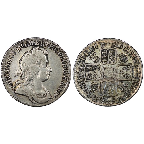 93 - 1725 Shilling, George I. Obv. Second bust, Rev. roses & plumes in angles. 6 strings in harp, 6 h... 