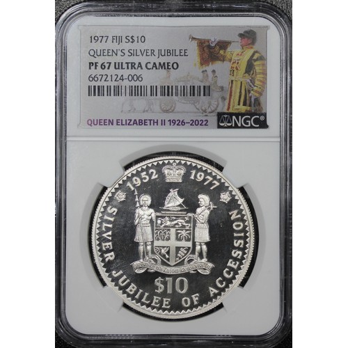 306 - Fiji, NGC PF67 Ultra Cameo 1977 Silver proof $10, Elizabeth II. Struck to commemorate the silver Jub... 