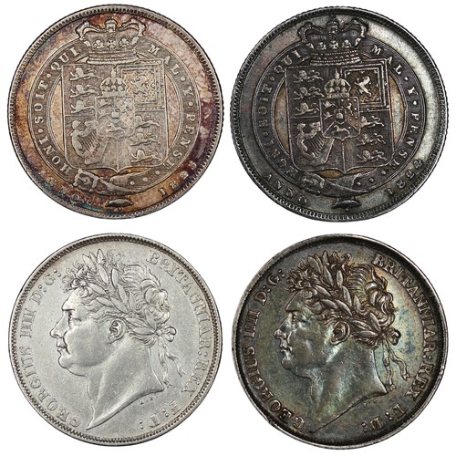 106 - A pair of George IV laureate bust shillings, 1823 & 1824. Both historically cleaned now retoned/... 