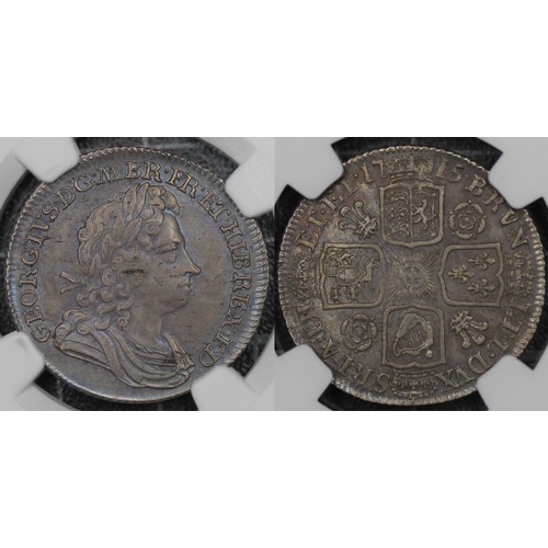 85 - 1715 Shilling, NGC MS62, George I. Obv. First bust, Rev. roses & plumes in angles. 8 strings in ... 