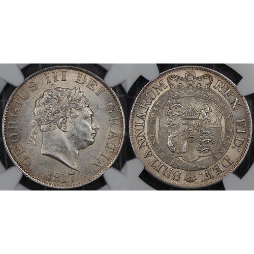 162 - 1817 Halfcrown, NGC MS62, George III. Obv. small laureate head, Rev. crowned garter and shield. A sh... 