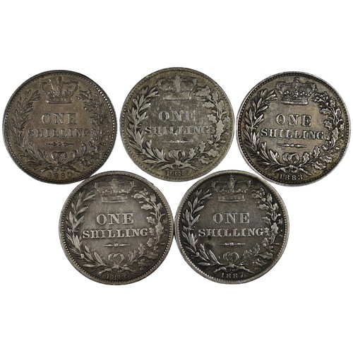 131 - Shillings (5) all 1880's Victoria young head issues comprising 1880 (gVF), 1881 (nFine), 1883 (aEF, ... 