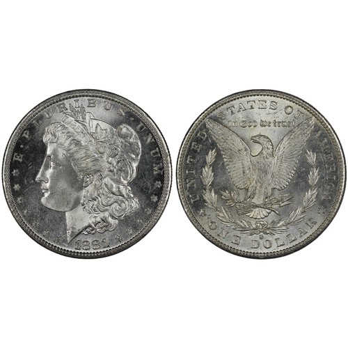 334 - USA, 1881-S Morgan Dollar. San Francisco mint. Lustrous, somewhat proof-like throughout. UNC or near... 