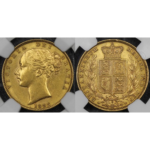 209 - Australia, 1882-S Sovereign, NGC AU58, Victoria young head. Sydney mint, shield reverse. Lustrous, s... 