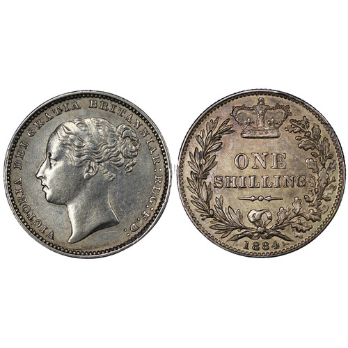 128 - 1884 Shilling, Victoria. Obv. fourth young head, Rev. 1c with larger letters and longer line below d... 