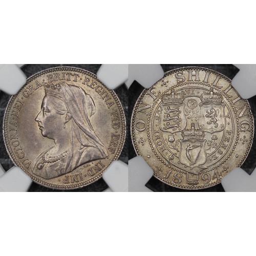 134 - 1894 Shilling, NGC MS62, Victoria. Obv. old veiled head, Rev. three crowned shields of England, Scot... 