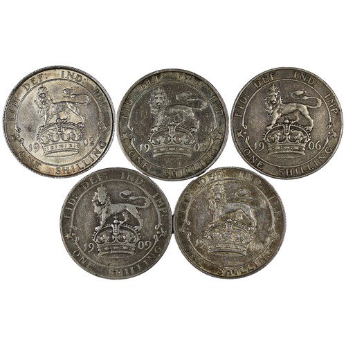 144 - Shillings (5), Edward VII comprising 1902 (nEF), 1903 (Fine), 1906 (Fine), 1909 (Fair) & 1910 (g... 